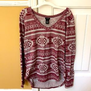 Long sleeve maroon and gray Aztec design shirt